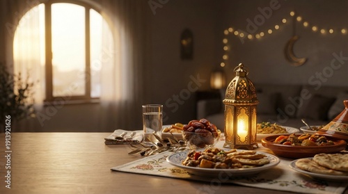 Elegant Ramadan Iftar Table with Lantern and Dates, Warm Spiritual Atmosphere