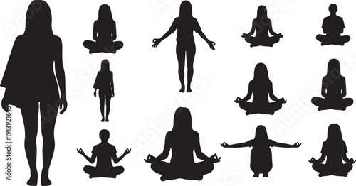 Silhouette of women in various yoga poses and meditation