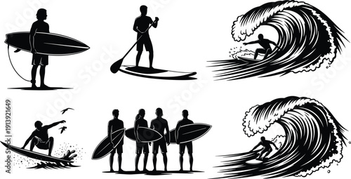 Black and white surfing silhouette collection featuring surfers catching waves, paddle boarding, and carrying surfboards isolated on a white background for summer sports design.