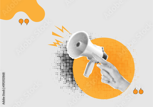 halftone Hand Holding Megaphone with Lightning Bolts and Speech Icons on Halftone Orange Circle