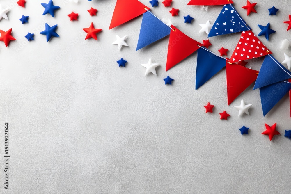 Obraz premium Festive Bunting with Red, White, and Blue Stars on Neutral Background