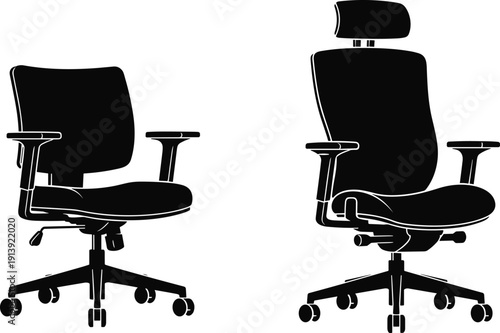 Black silhouette vector illustration of ergonomic office chairs with adjustable armrests and headrest for corporate workspace furniture design and home office desk setup