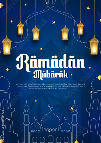 Ramadan Mubarak Greeting with Blue Mosque Line Art, Elegant Islamic Holy Month Poster with Glowing Lanterns, Ramadan Kareem Social Media Template in Blue and Gold, Traditional Muslim Celebration Card 