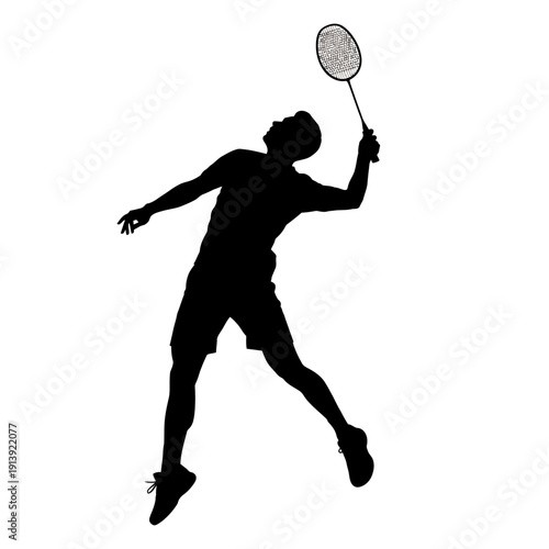 Silhouette of a badminton player jumping to hit the shuttlecock.