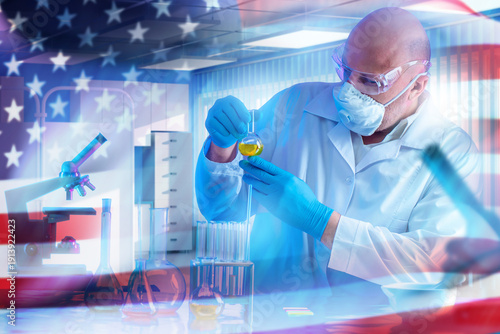 Scientific research, Biotechnology. Laboratory scientist analyzes chemical sample in flask with US flag overlay, representing national research programs, pharmaceutical development and innovation.
