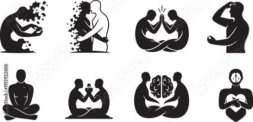 Mental health and wellness concept illustrations in black