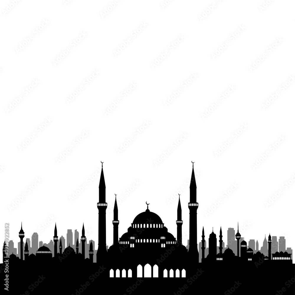 Fototapeta premium Silhouette of a mosque with minarets against a white background.