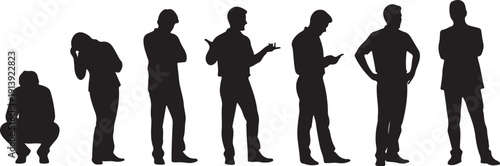 Silhouettes of men in various poses and emotions standing