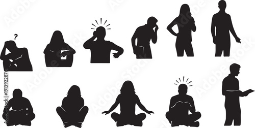 Silhouettes of people in various poses and thinking expressions