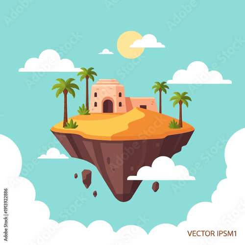 Desert Island with Palm Trees and Building.