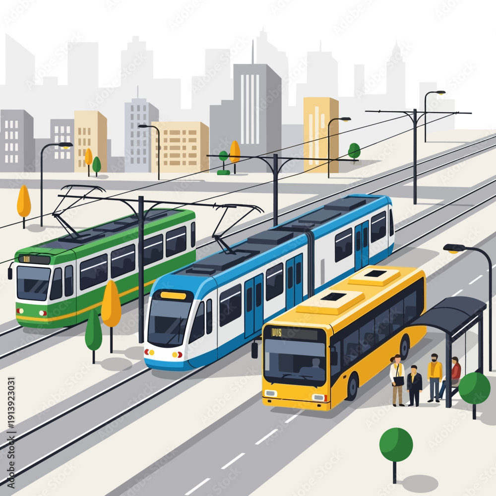 Fototapeta premium City street public transportation vehicles.