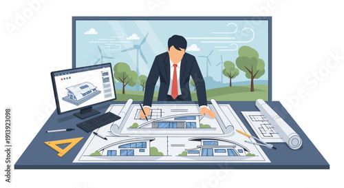 Businessman looking at house blueprints.