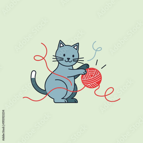 Cartoon cat playing with yarn ball.