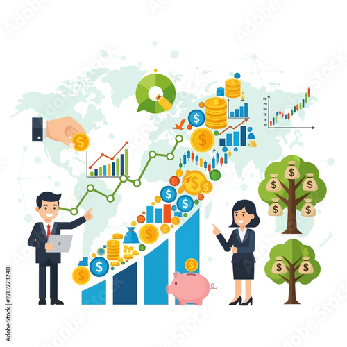 Business people discussing financial growth charts.