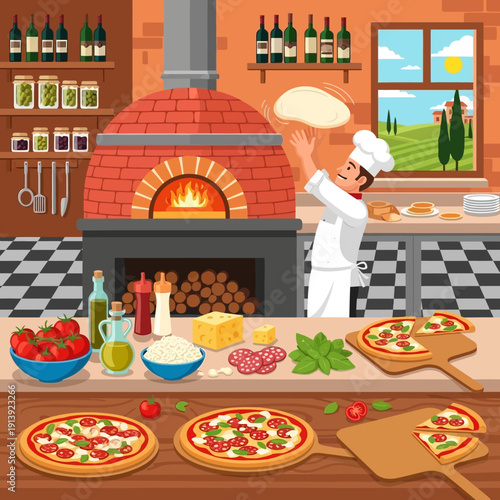 Chef tossing pizza dough in air.