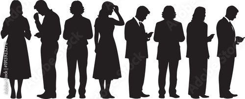 Silhouettes of people standing in a line looking busy