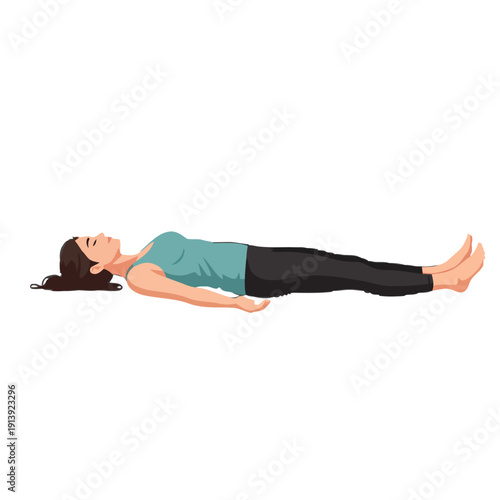 Woman relaxing in savasana yoga pose for stress relief and mindfulness