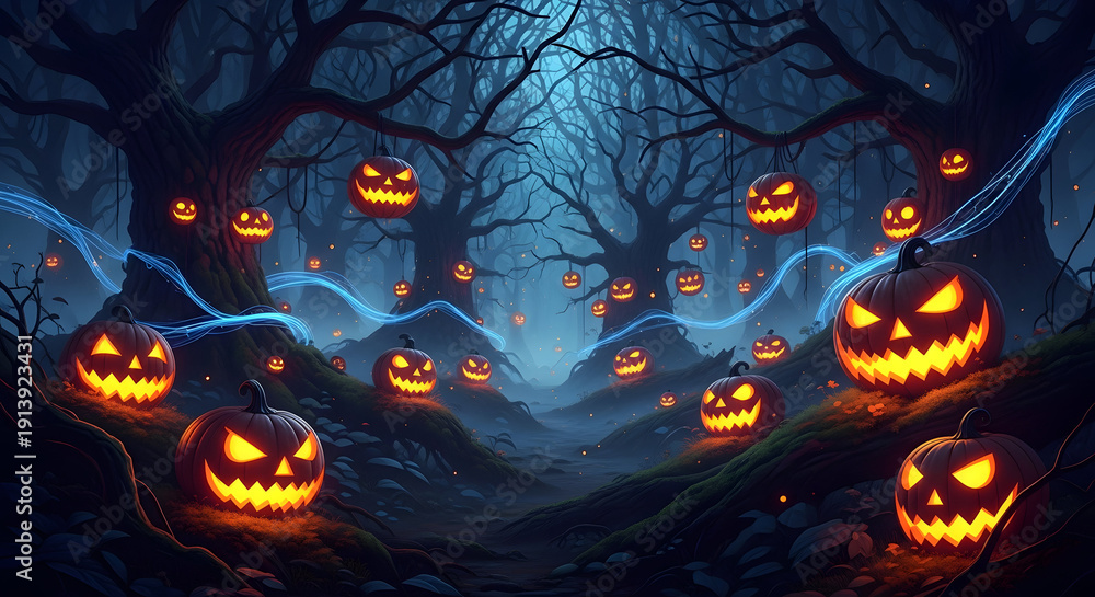 Fototapeta premium Spooky halloween night with glowing jack o lanterns in dark forest