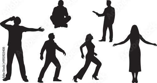 Silhouettes of people in various dance poses and movements