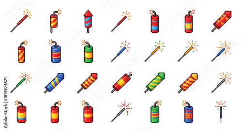 Colorful Fireworks and Sparklers Illustration Set.