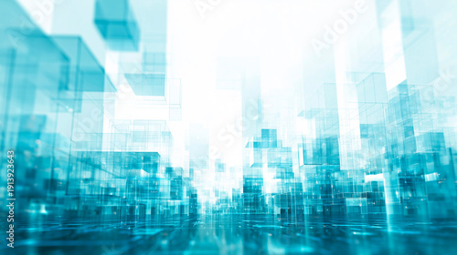 未来的なデジタル都市の景観・白とシアンのグリッドが交差するスマートシティの抽象背景