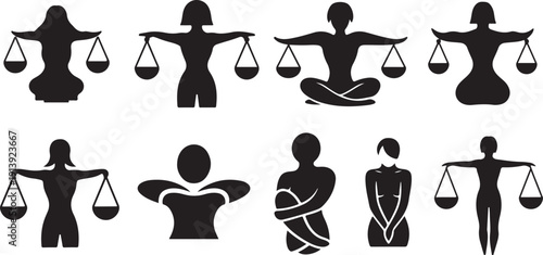 Silhouette of people holding scales of justice in various poses