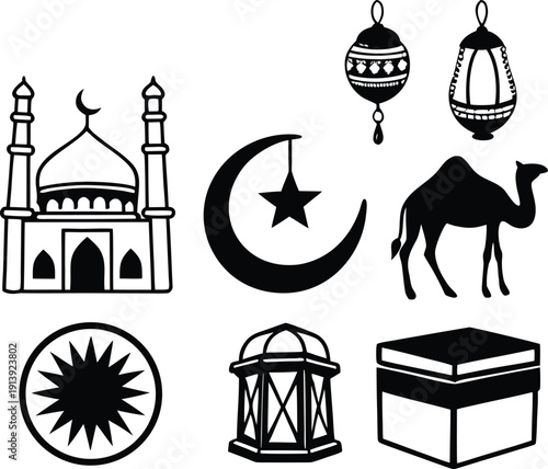 Ramadan and Eid Mubarak hand drawn icon set with mosque, lanterns, camel, crescent moon, star and kaaba elements for Islamic design projects.