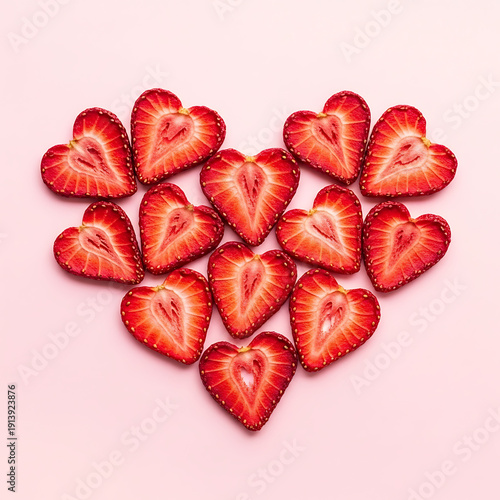 Heart-shaped strawberry halves arranged to form a large heart on a soft pink background, symbolizing love and freshness.
