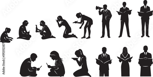 Silhouette of people reading and working in various positions
