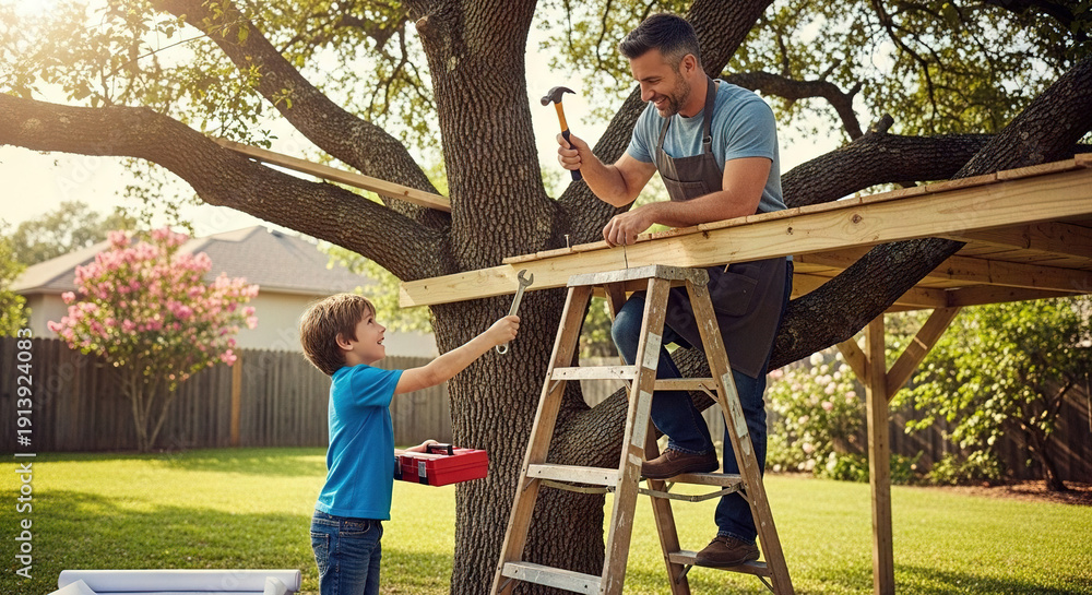 custom made wallpaper toronto digitalMan and child building wooden structure under tree in backyard