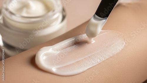 Applying creamy skin lotion: spatula spreading thick white moisturizing cream on tan skin, cosmetic jar in background, skincare routine
