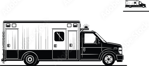 Ambulance Emergency Medical Vehicle Line Art Illustration with Paramedic Transport Healthcare Rescue Service Outline Vector Design
