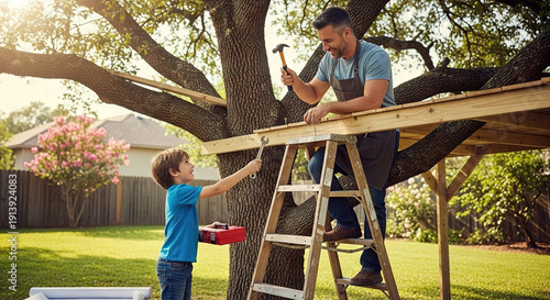 Wallpaper Mural Man and child building wooden structure under tree in backyard Torontodigital.ca