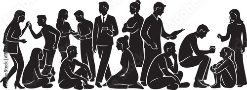 Silhouettes of people in various poses and business attire