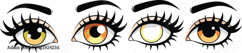 Set of cartoon female eyes with long eyelashes and eyebrows in different colors including green orange and glowing yellow vector illustration on white background