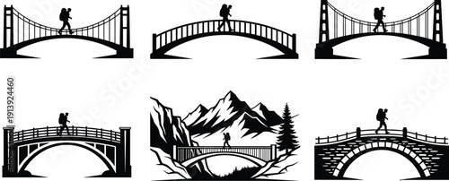 Set of black and white silhouette vector illustrations featuring hikers walking across suspension stone and arch bridges with mountain landscape background for travel adventure