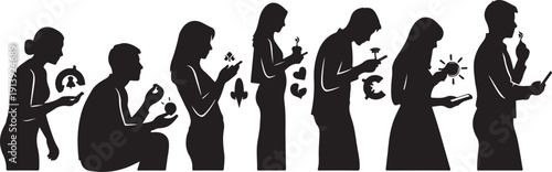 Silhouettes of people using smartphones in various poses daily