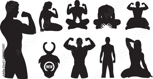 Silhouettes of people exercising and meditating in various poses