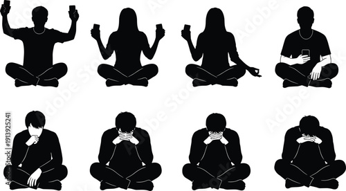 Silhouette of People Sitting Cross-Legged Experiencing Smartphone Addiction vs Mindfulness Mental Health Stress Anxiety Social Media Fatigue and Digital Detox Concept