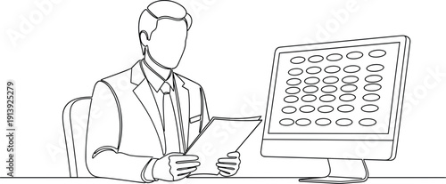 Laboratory Technician Analyzing Medical Test Results on Computer in Clinical Lab Healthcare Research and Diagnostics Line Art Vector Illustration