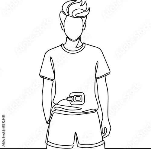 Man Using Continuous Glucose Monitor Device on Abdomen for Diabetes Management Healthcare Monitoring Medical Line Art Vector Illustration