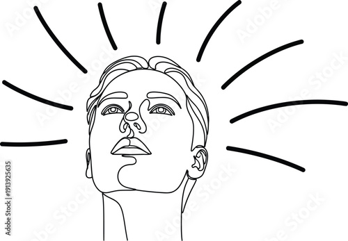 Inspired woman with idea and vision looking up with lines radiating from her head