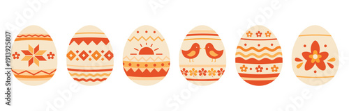 Set of Easter decorative eggs with folk patterns, birds, flowers, waves, geometric ornaments. Flat vector illustration for religious spring holiday.
