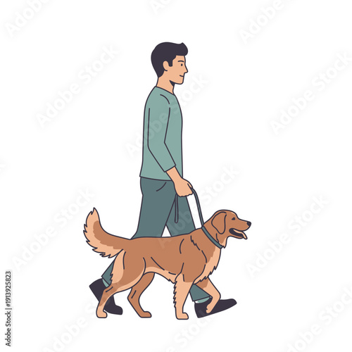 Man walking a golden retriever dog on a leash outdoors, happy pet and owner enjoying a stroll