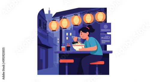 Modern flat vector illustration of woman eating ramen at Japanese street food stall in Tokyo alley with lanterns and night city atmosphere, showcasing authentic Asian traditional cuisine culture 