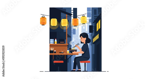 Modern flat vector illustration of woman eating ramen at Japanese street food stall in Tokyo alley with lanterns and night city atmosphere, showcasing authentic Asian traditional cuisine culture 