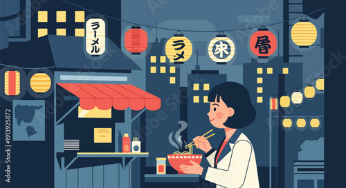 Modern flat vector illustration of woman eating ramen at Japanese street food stall in Tokyo alley with lanterns and night city atmosphere, showcasing authentic Asian traditional cuisine culture 