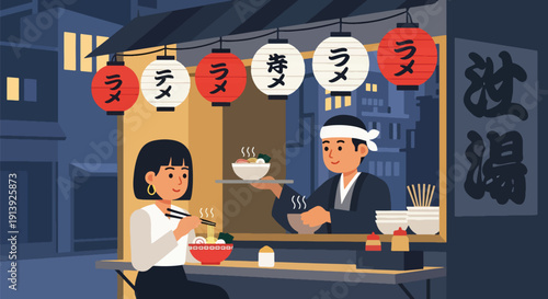 Modern flat vector illustration of woman eating ramen at Japanese street food stall in Tokyo alley with lanterns and night city atmosphere, showcasing authentic Asian traditional cuisine culture 