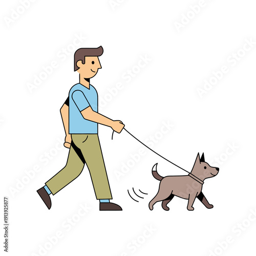 Man walking dog on leash outdoors, happy pet owner enjoying a stroll with his canine companion