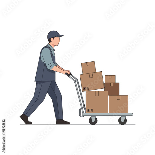 Delivery man pushing a cart with stacked boxes, logistics and shipping concept